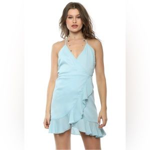 NWT REVOLVE lovers + friends sky blue mini wrap dress halter sleeveless